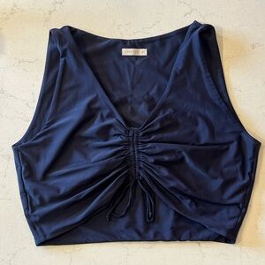 June Loop Navy Ruched V-Neck Swim Crop Top with Front Drawstring